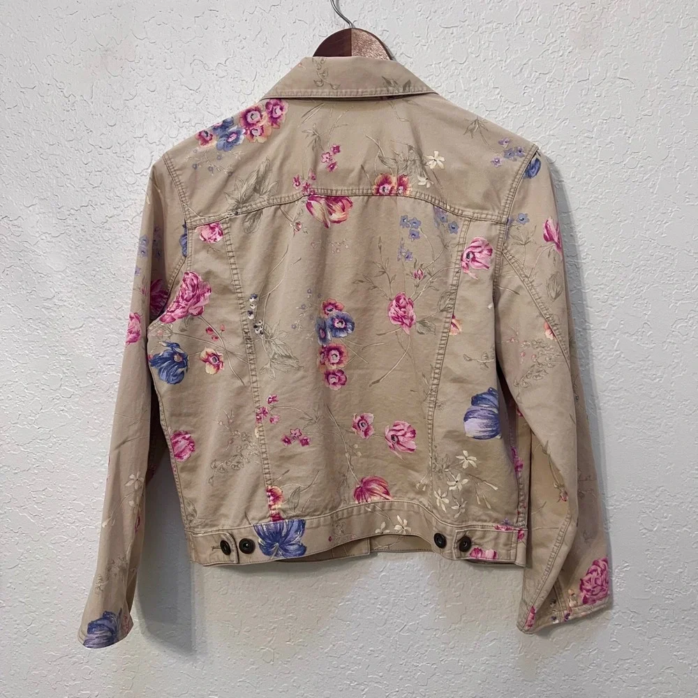 Liz Claiborne Tan Floral Denim Trucker Jacket‎ Boxy VintageCotton Womens Medium